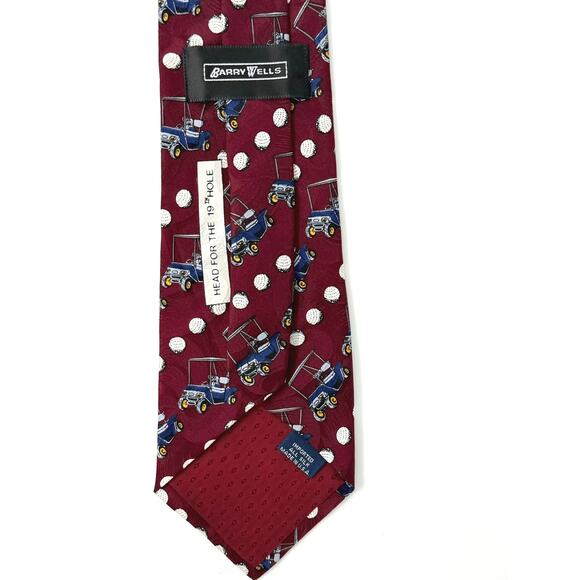 Golf Tie by Barry Wells 100% Silk Made in USA Red with Golf Carts and Balls - Picture 3 of 7